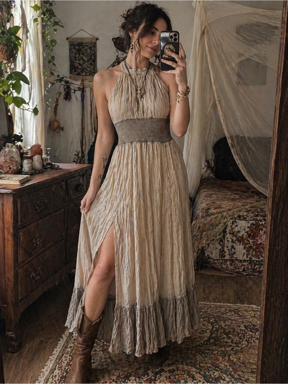 Boho Halter Maxi Dress in Beige with Smocked Waist